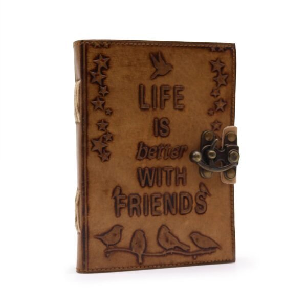Kožený Zápisník - Obyčajný Papier – Life is Better with Friends – Svetlohnedý -  13 x 18 x 4